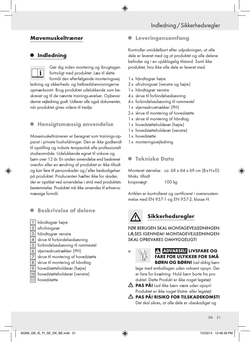 Indledning / sikkerhedsregler, Mavemuskeltræner, Indledning | Hensigtsmæssig anvendelse, Beskrivelse af delene, Leveringensomfang, Tekniske data, Sikkerhedsregler | Crivit Z31742 User Manual | Page 22 / 47