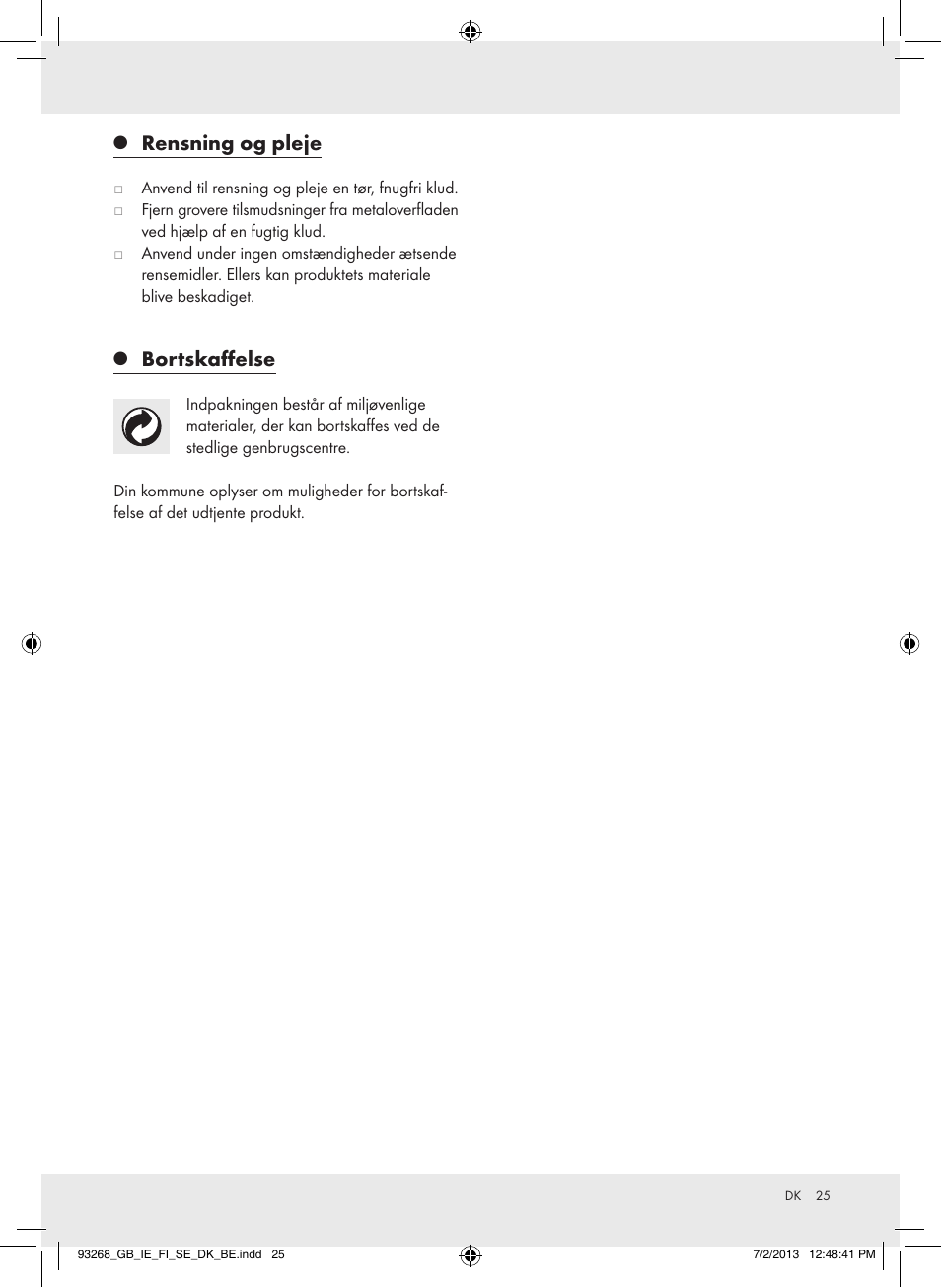 Rensning og pleje, Bortskaffelse | Crivit Z31742 User Manual | Page 26 / 47