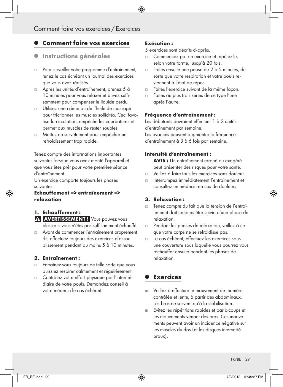 Comment faire vos exercices / exercices, Comment faire vos exercices, Instructions générales | Exercices | Crivit Z31742 User Manual | Page 30 / 47