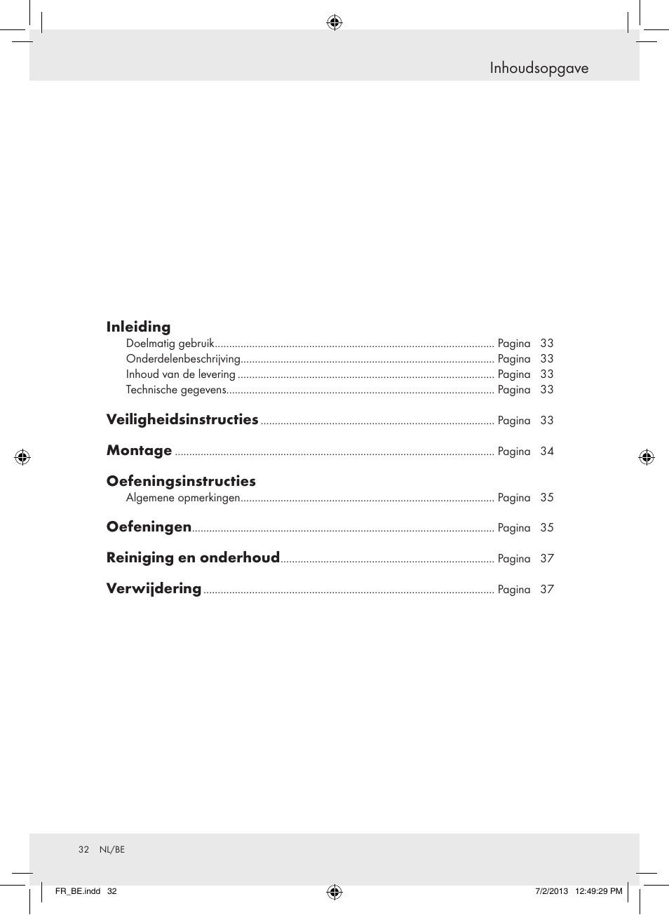 Inhoudsopgave, Inleiding, Veiligheidsinstructies | Montage, Oefeningsinstructies, Oefeningen, Reiniging en onderhoud, Verwijdering | Crivit Z31742 User Manual | Page 33 / 47