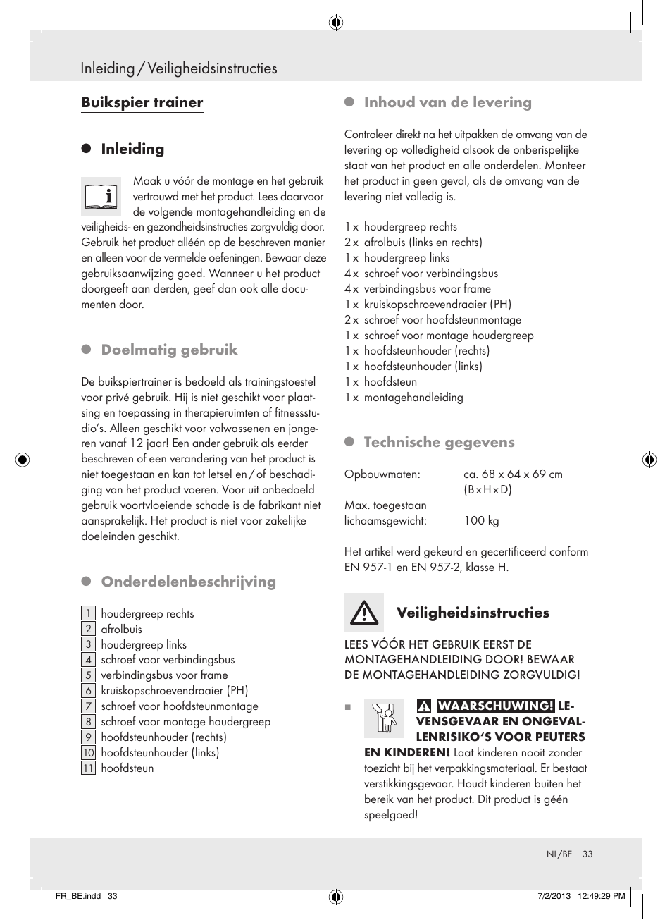 Inleiding / veiligheidsinstructies, Buikspier trainer, Inleiding | Doelmatig gebruik, Onderdelenbeschrijving, Inhoud van de levering, Technische gegevens, Veiligheidsinstructies | Crivit Z31742 User Manual | Page 34 / 47