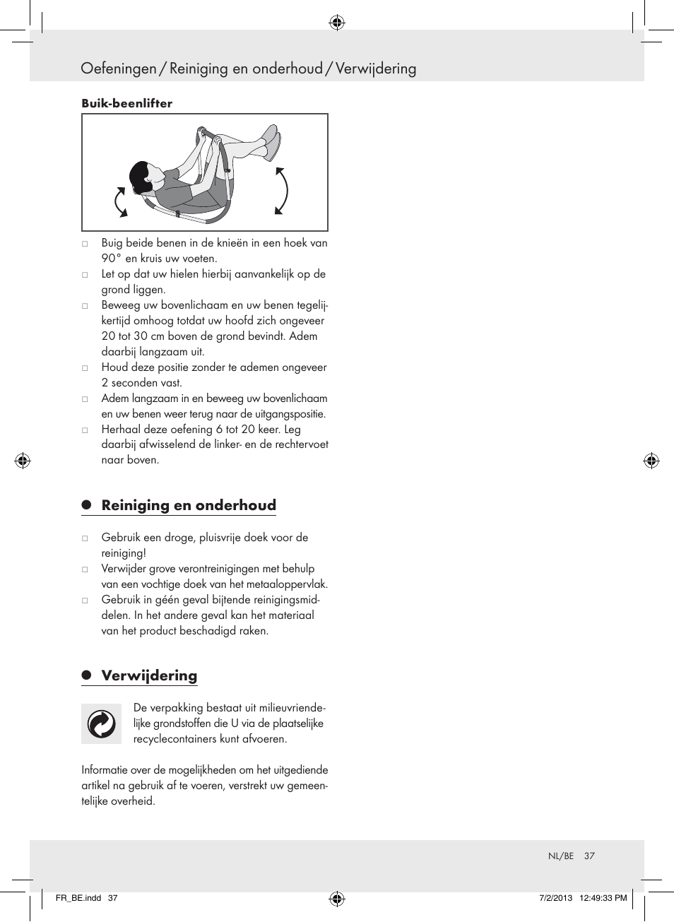 Oefeningen / reiniging en onderhoud / verwijdering, Reiniging en onderhoud, Verwijdering | Crivit Z31742 User Manual | Page 38 / 47