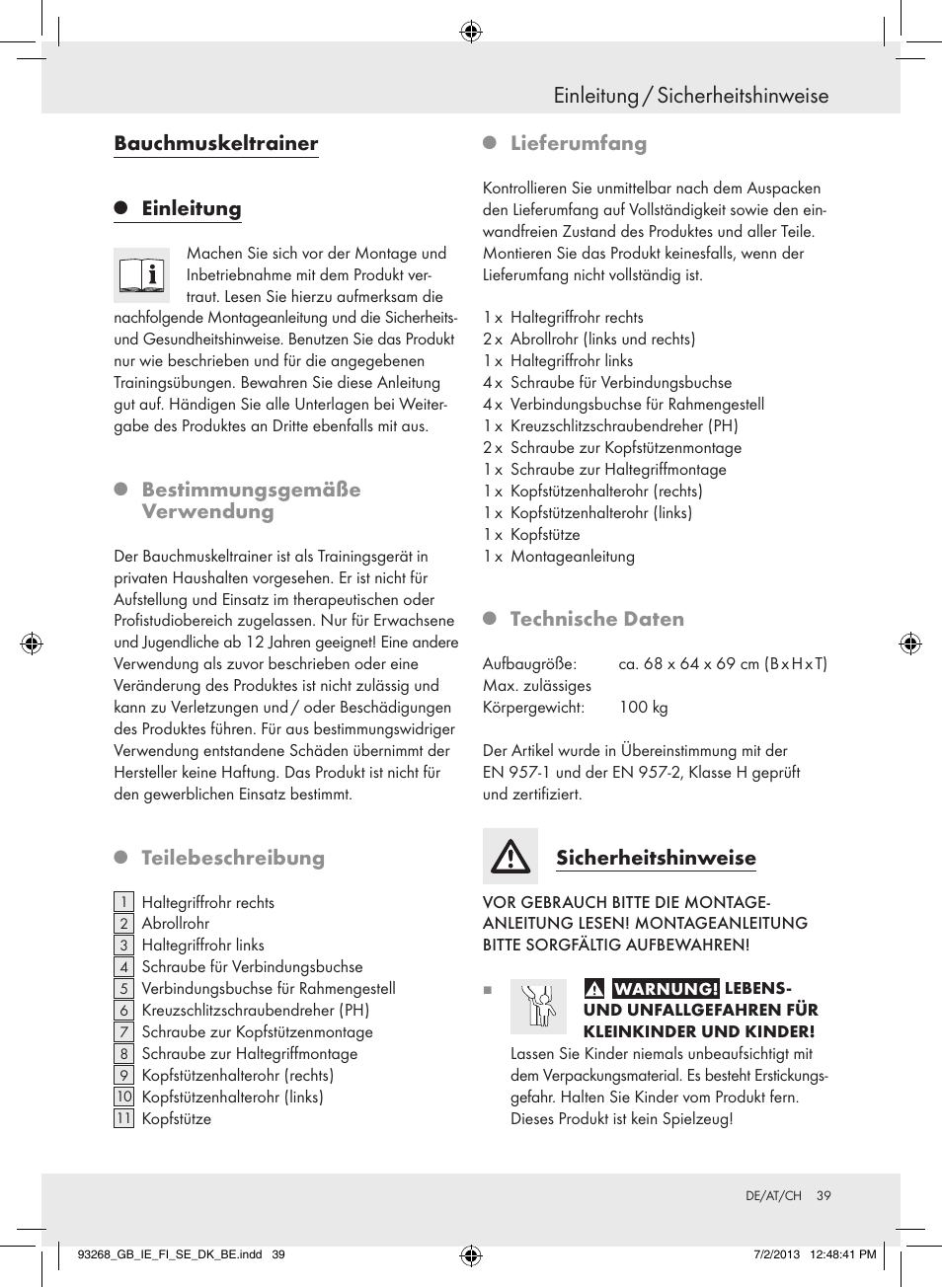 Einleitung / sicherheitshinweise, Bauchmuskeltrainer, Einleitung | Bestimmungsgemäße verwendung, Teilebeschreibung, Lieferumfang, Technische daten, Sicherheitshinweise | Crivit Z31742 User Manual | Page 40 / 47
