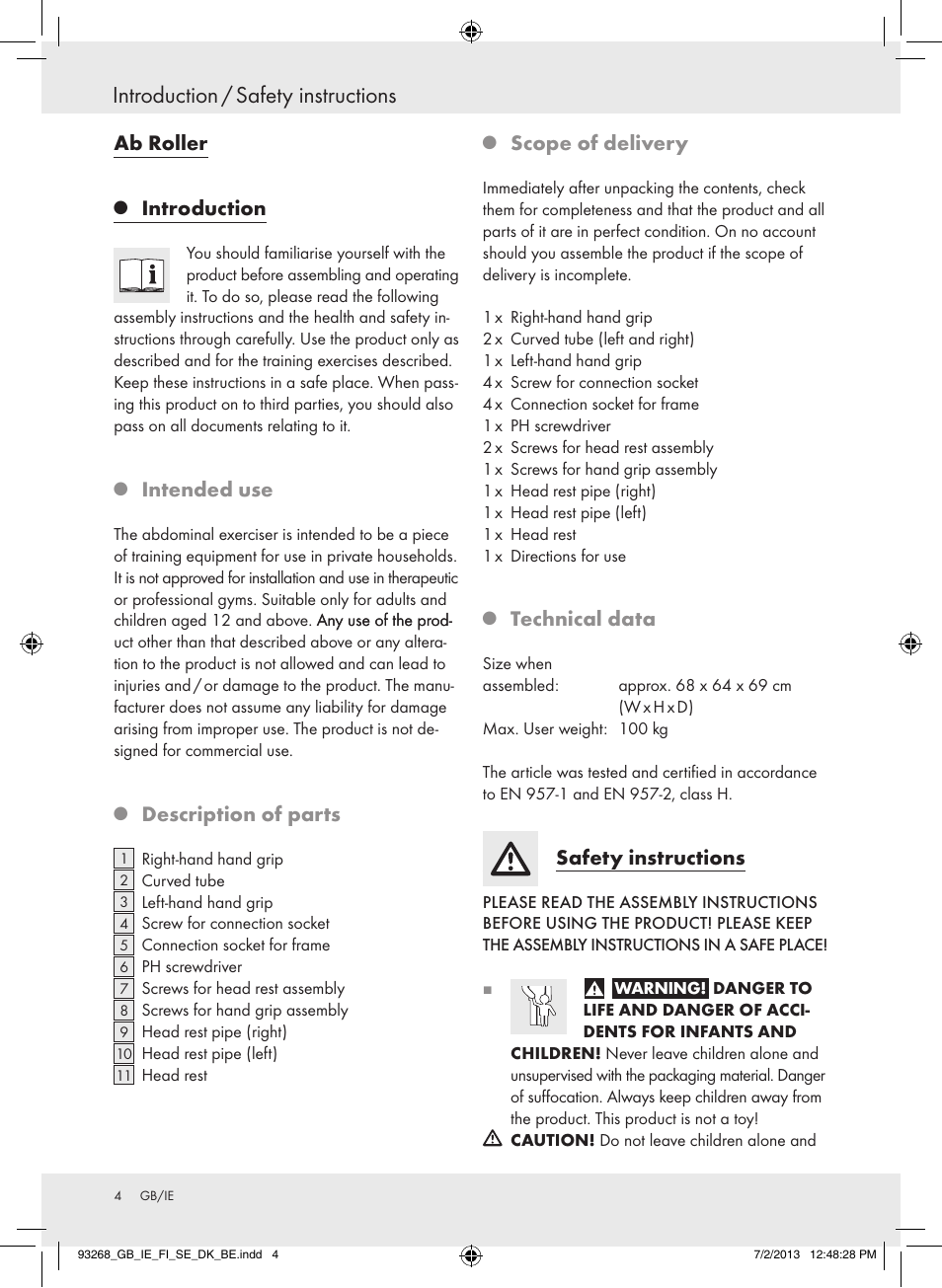 Introduction / safety instructions, Ab roller, Introduction | Intended use, Description of parts, Scope of delivery, Technical data, Safety instructions | Crivit Z31742 User Manual | Page 5 / 47