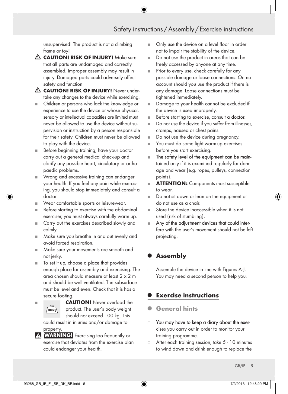 Assembly, Exercise instructions, General hints | Crivit Z31742 User Manual | Page 6 / 47