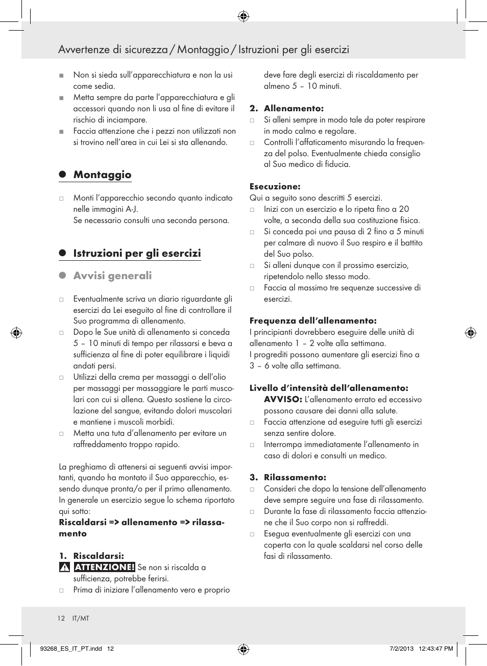 Montaggio, Istruzioni per gli esercizi, Avvisi generali | Crivit Z31742 User Manual | Page 13 / 36