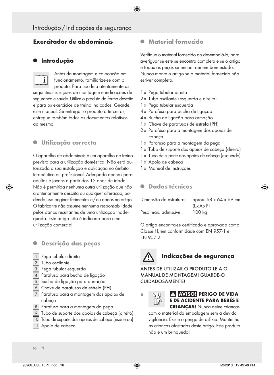 Introdução / indicações de segurança, Exercitador de abdominais, Introdução | Utilização correcta, Descrição das peças, Material fornecido, Dados técnicos, Indicações de segurança | Crivit Z31742 User Manual | Page 17 / 36