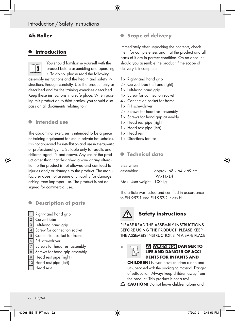 Introduction / safety instructions, Ab roller, Introduction | Intended use, Description of parts, Scope of delivery, Technical data, Safety instructions | Crivit Z31742 User Manual | Page 23 / 36