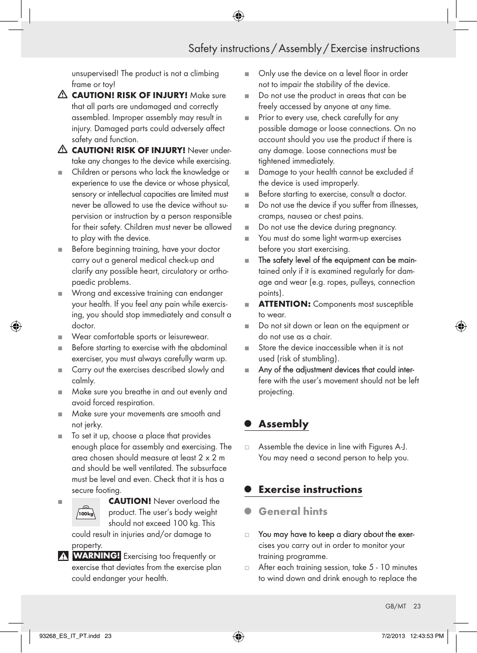 Assembly, Exercise instructions, General hints | Crivit Z31742 User Manual | Page 24 / 36