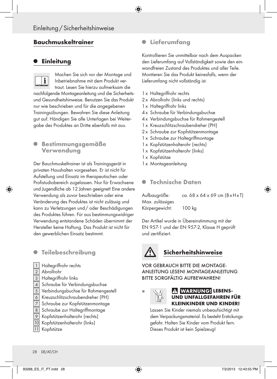 Einleitung / sicherheitshinweise, Bauchmuskeltrainer, Einleitung | Bestimmungsgemäße verwendung, Teilebeschreibung, Lieferumfang, Technische daten, Sicherheitshinweise | Crivit Z31742 User Manual | Page 29 / 36