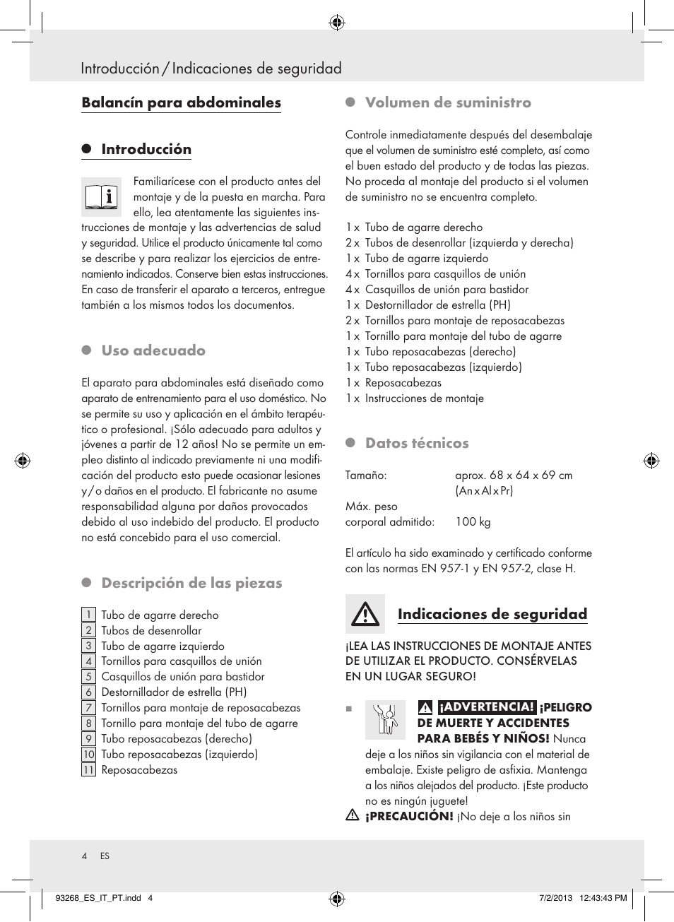 Introducción / indicaciones de seguridad, Balancín para abdominales, Introducción | Uso adecuado, Descripción de las piezas, Volumen de suministro, Datos técnicos, Indicaciones de seguridad | Crivit Z31742 User Manual | Page 5 / 36