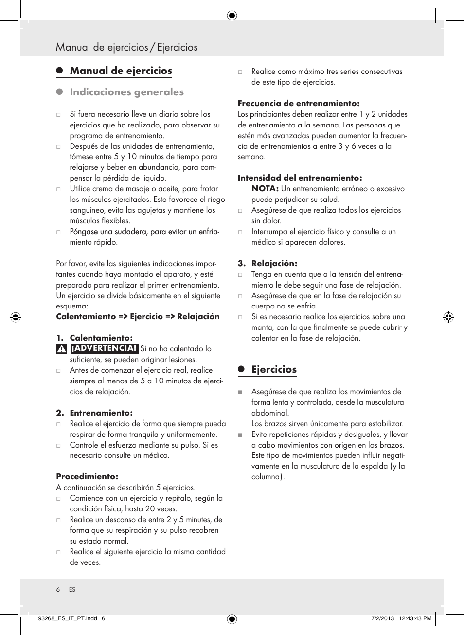 Manual de ejercicios / ejercicios, Manual de ejercicios, Indicaciones generales | Ejercicios | Crivit Z31742 User Manual | Page 7 / 36
