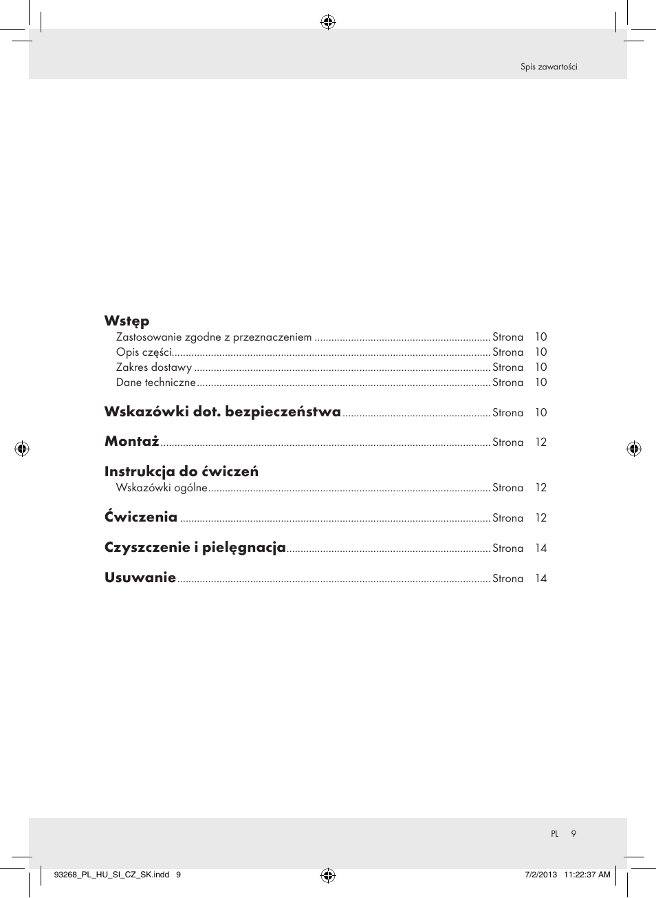 Wstęp, Wskazówki dot. bezpieczeństwa, Montaż | Instrukcja do ćwiczeń, Ćwiczenia, Czyszczenie i pielęgnacja, Usuwanie | Crivit Z31742 User Manual | Page 10 / 48