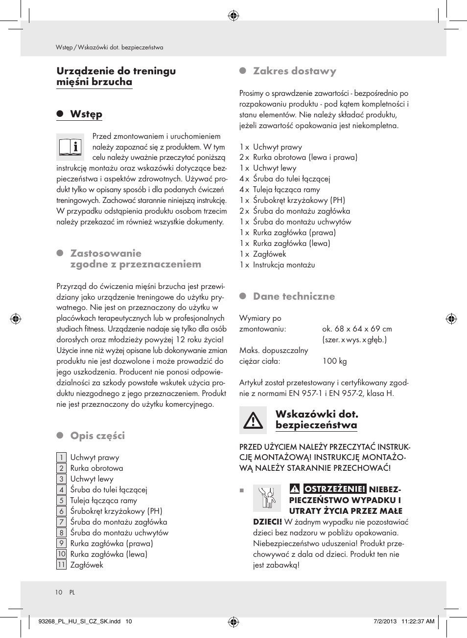 Urządzenie do treningu mięśni brzucha, Wstęp, Zastosowanie zgodne z przeznaczeniem | Opis części, Zakres dostawy, Dane techniczne, Wskazówki dot. bezpieczeństwa | Crivit Z31742 User Manual | Page 11 / 48