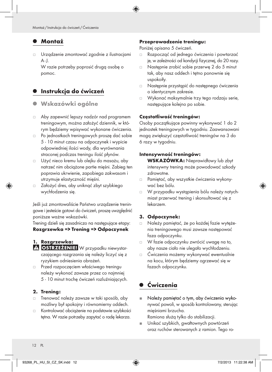 Montaż, Instrukcja do ćwiczeń, Wskazówki ogólne | Ćwiczenia | Crivit Z31742 User Manual | Page 13 / 48