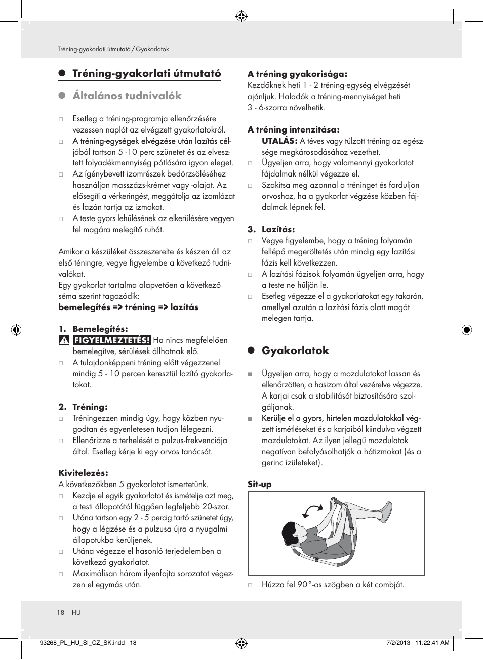 Tréning-gyakorlati útmutató, Általános tudnivalók, Gyakorlatok | Crivit Z31742 User Manual | Page 19 / 48