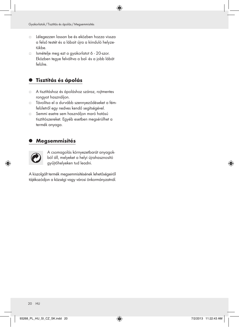 Tisztítás és ápolás, Megsemmisítés | Crivit Z31742 User Manual | Page 21 / 48