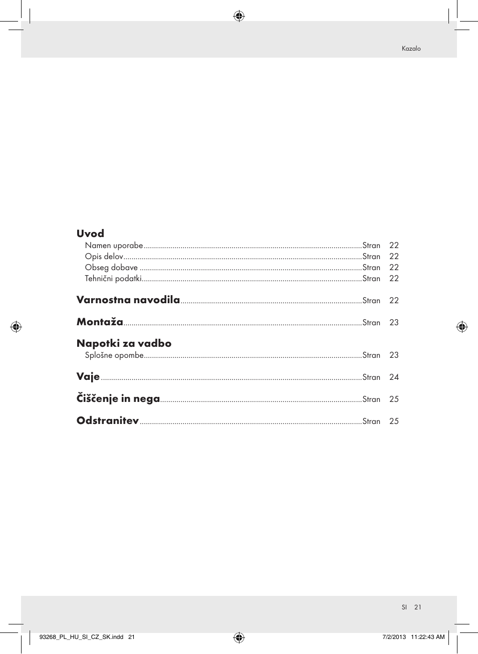 Uvod, Varnostna navodila, Montaža | Napotki za vadbo, Vaje, Čiščenje in nega, Odstranitev | Crivit Z31742 User Manual | Page 22 / 48
