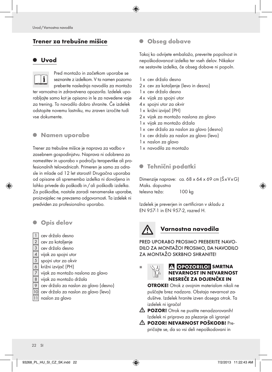 Trener za trebušne mišice, Uvod, Namen uporabe | Opis delov, Obseg dobave, Tehnični podatki, Varnostna navodila | Crivit Z31742 User Manual | Page 23 / 48