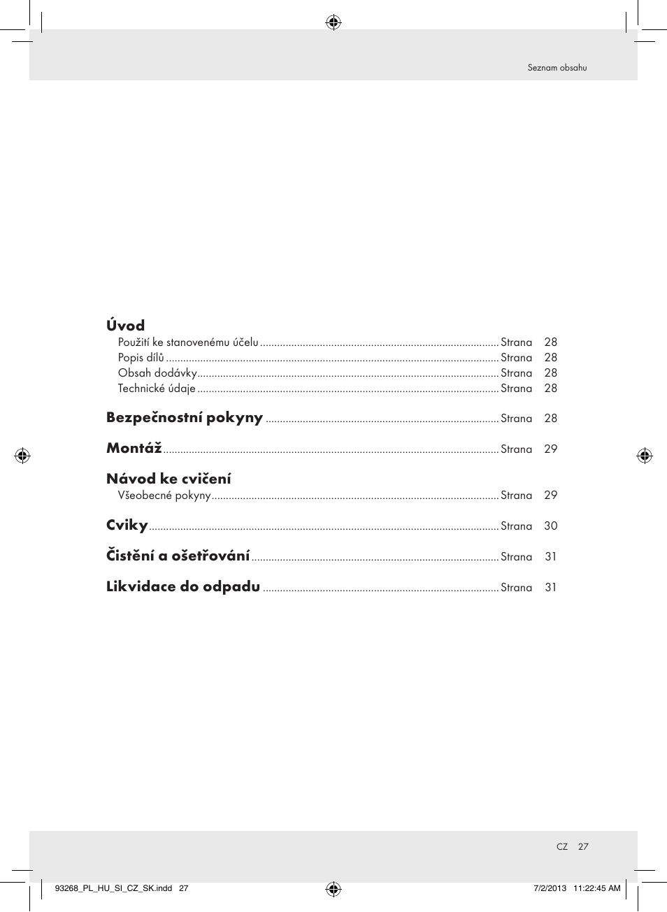 Úvod, Bezpečnostní pokyny, Montáž | Návod ke cvičení, Cviky, Čistění a ošetřování, Likvidace do odpadu | Crivit Z31742 User Manual | Page 28 / 48