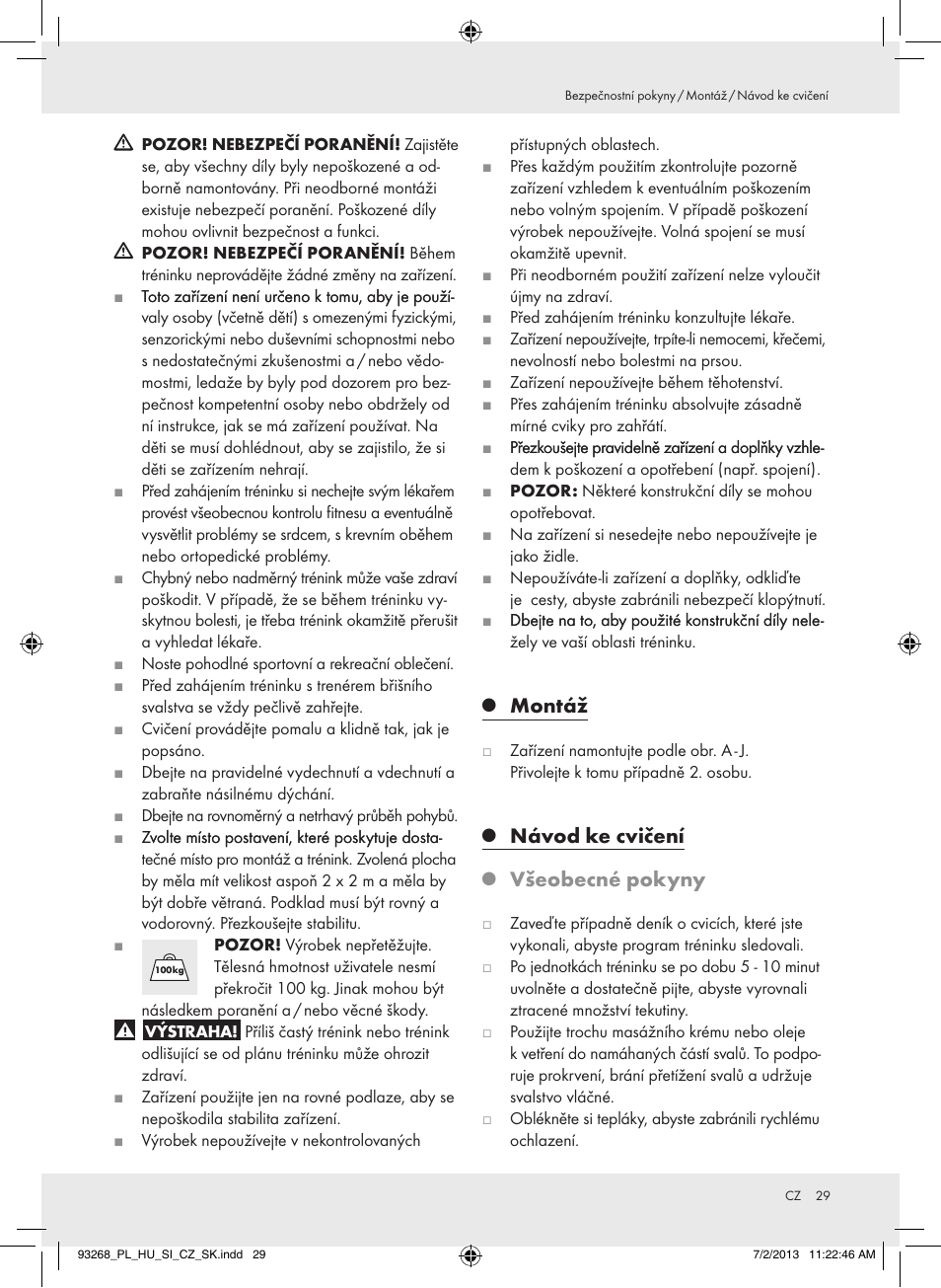 Montáž, Návod ke cvičení, Všeobecné pokyny | Crivit Z31742 User Manual | Page 30 / 48