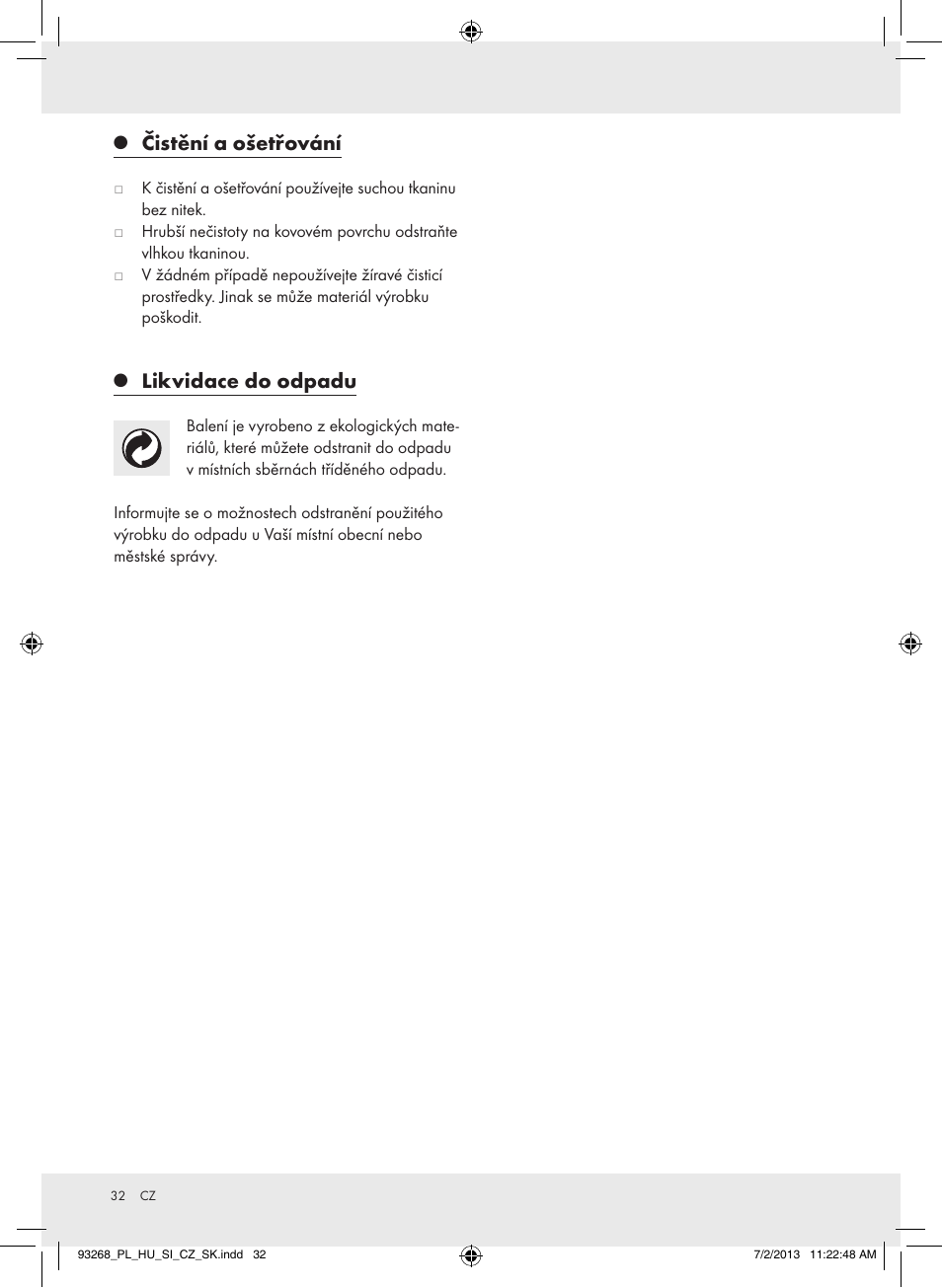 Čistění a ošetřování, Likvidace do odpadu | Crivit Z31742 User Manual | Page 33 / 48