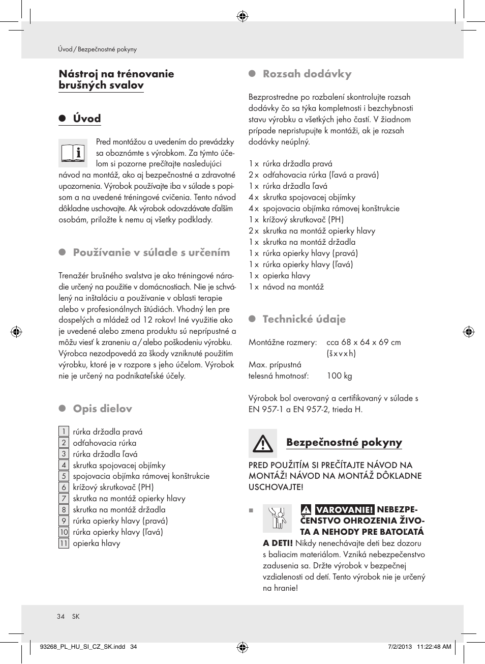 Nástroj na trénovanie brušných svalov, Úvod, Používanie v súlade s určením | Opis dielov, Rozsah dodávky, Technické údaje, Bezpečnostné pokyny | Crivit Z31742 User Manual | Page 35 / 48