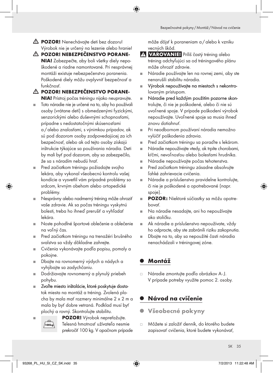 Montáž, Návod na cvičenie, Všeobecné pokyny | Crivit Z31742 User Manual | Page 36 / 48