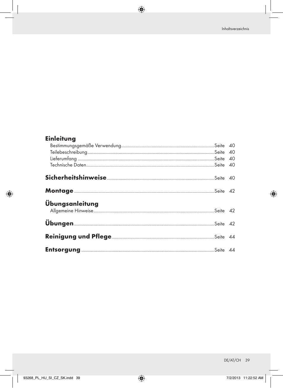 Einleitung, Sicherheitshinweise, Montage | Übungsanleitung, Übungen, Reinigung und pflege, Entsorgung | Crivit Z31742 User Manual | Page 40 / 48