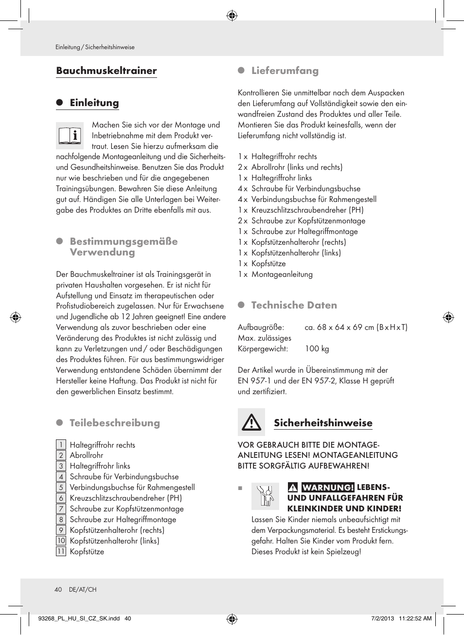 Bauchmuskeltrainer, Einleitung, Bestimmungsgemäße verwendung | Teilebeschreibung, Lieferumfang, Technische daten, Sicherheitshinweise | Crivit Z31742 User Manual | Page 41 / 48