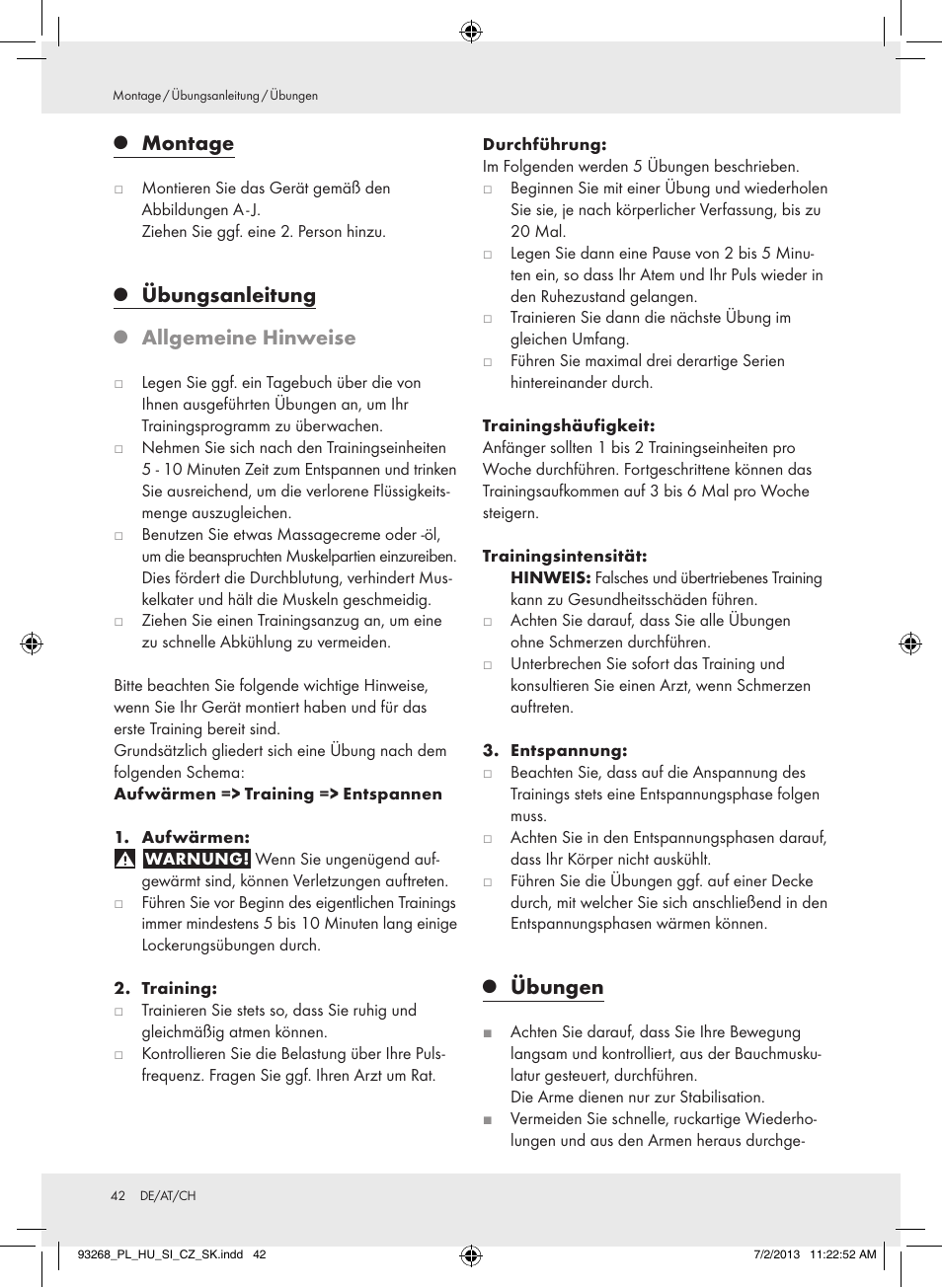 Montage, Übungsanleitung, Allgemeine hinweise | Übungen | Crivit Z31742 User Manual | Page 43 / 48