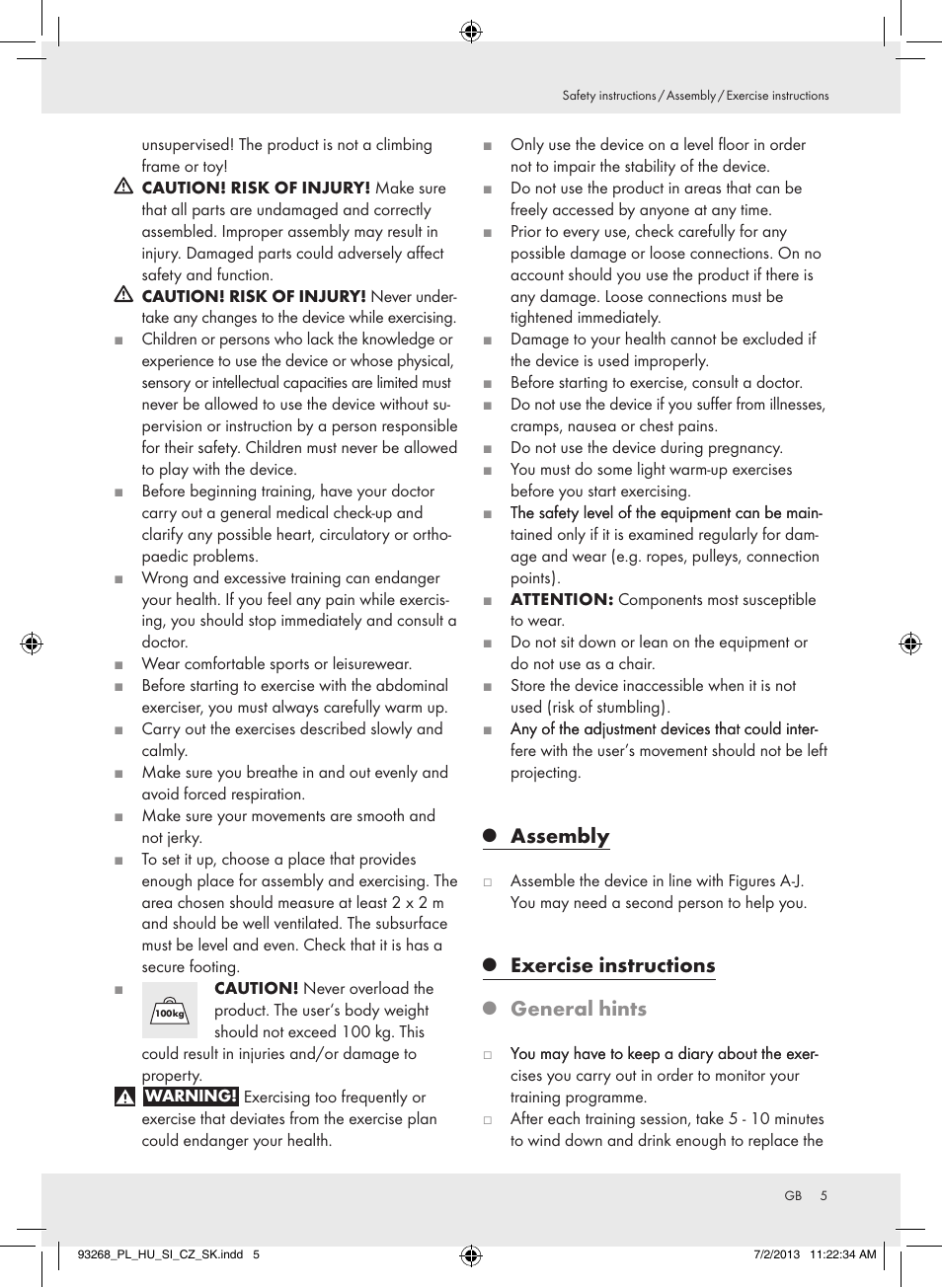 Assembly, Exercise instructions, General hints | Crivit Z31742 User Manual | Page 6 / 48