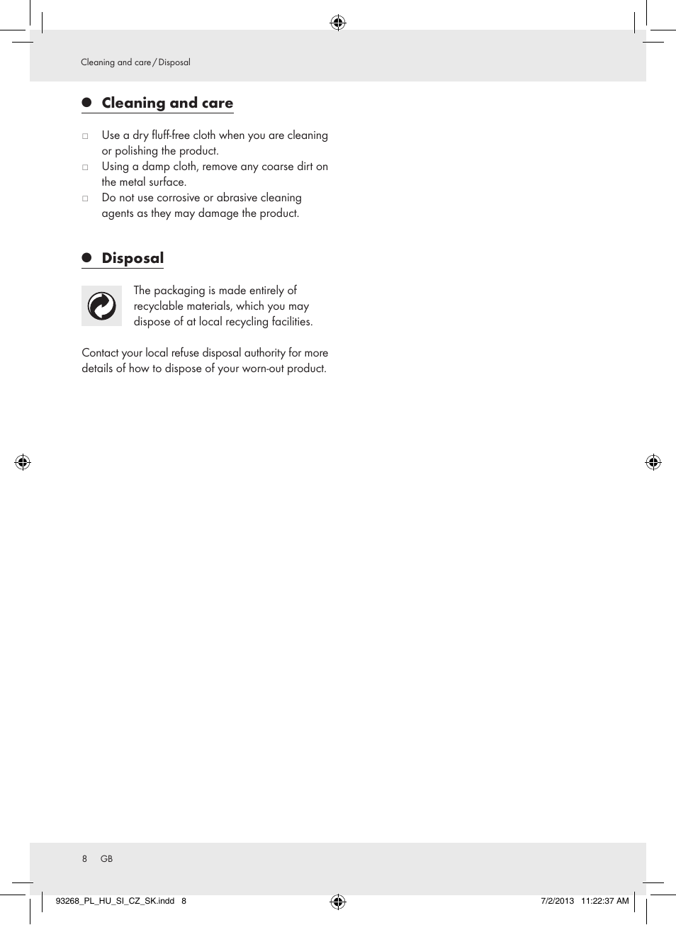 Cleaning and care, Disposal | Crivit Z31742 User Manual | Page 9 / 48