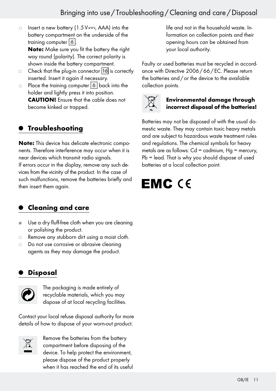 Q replacing the battery, Q cleaning and care, Q disposal | Troubleshooting, Cleaning and care, Disposal | Crivit Z31434 User Manual | Page 11 / 48