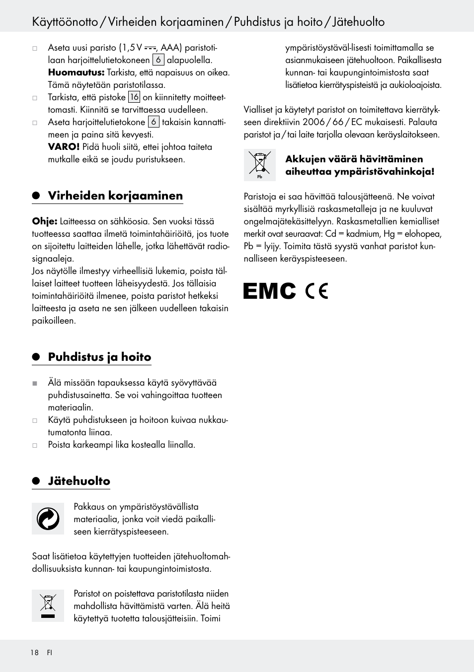 Q puhdistus ja hoito, Q jätehuolto, Virheiden korjaaminen | Sivu 18, Puhdistus ja hoito, Jätehuolto | Crivit Z31434 User Manual | Page 18 / 48
