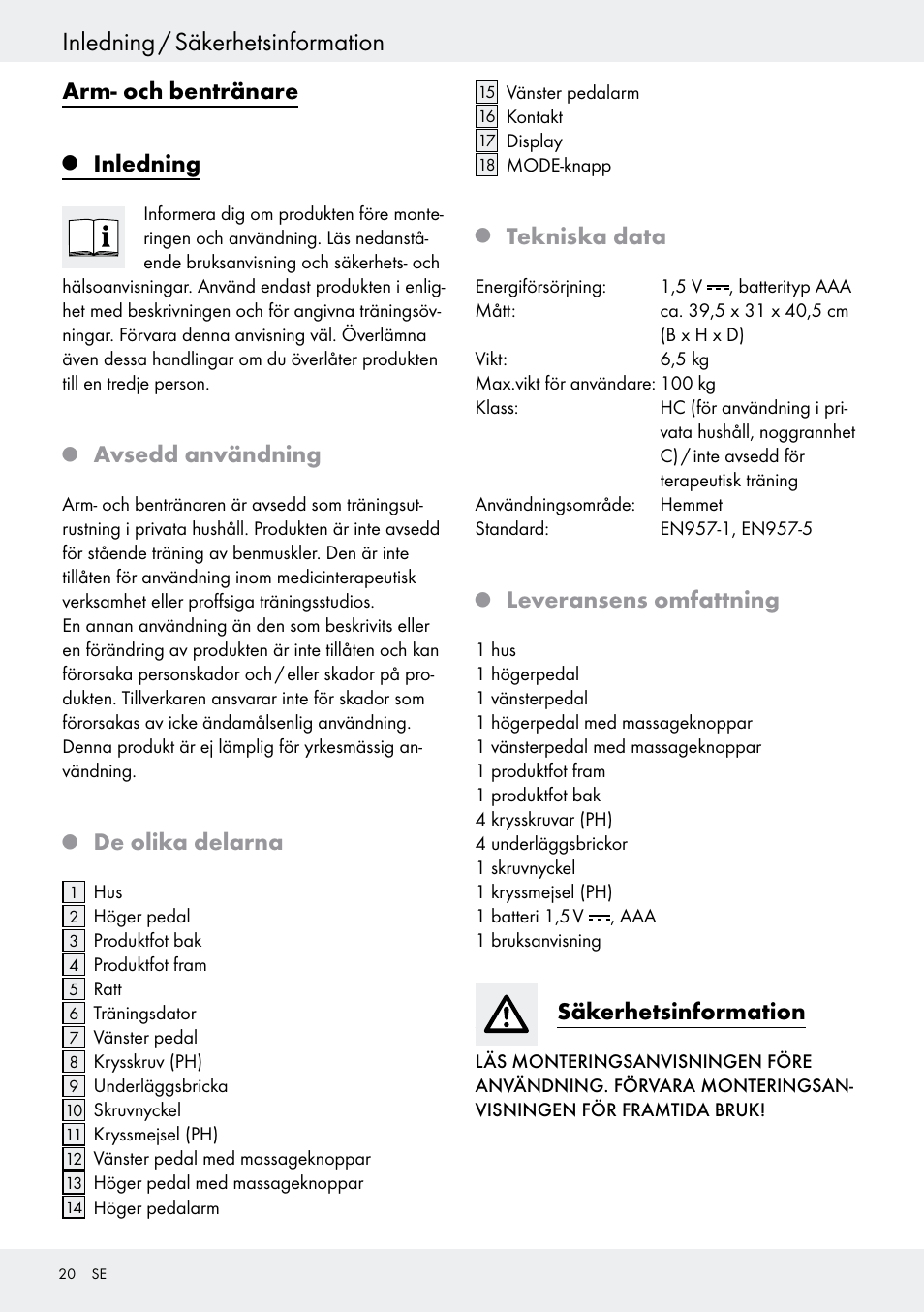 Q inledning, Q avsedd användning, Q de olika delarna | Q tekniska data, Q leveransens omfattning, Säkerhetsinformation, Inledning, Sidan 20, Inledning / säkerhetsinformation, Arm- och bentränare | Crivit Z31434 User Manual | Page 20 / 48