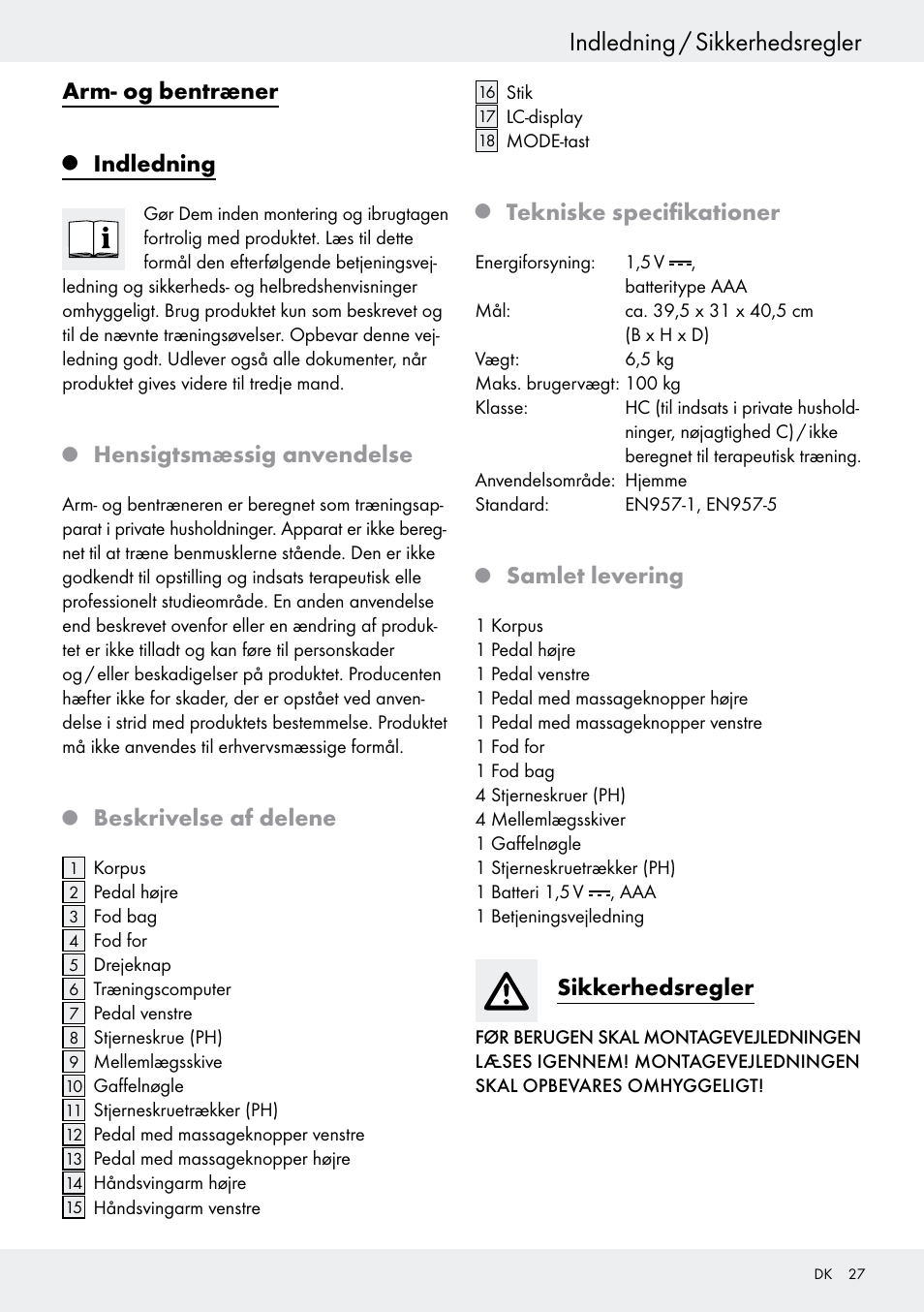 Q indledning, Q hensigtsmæssig anvendelse, Q beskrivelse af delene | Q tekniske specifikationer, Q samlet levering, Sikkerhedsregler, Indledning, Side 27, Indledning / sikkerhedsregler, Arm- og bentræner | Crivit Z31434 User Manual | Page 27 / 48