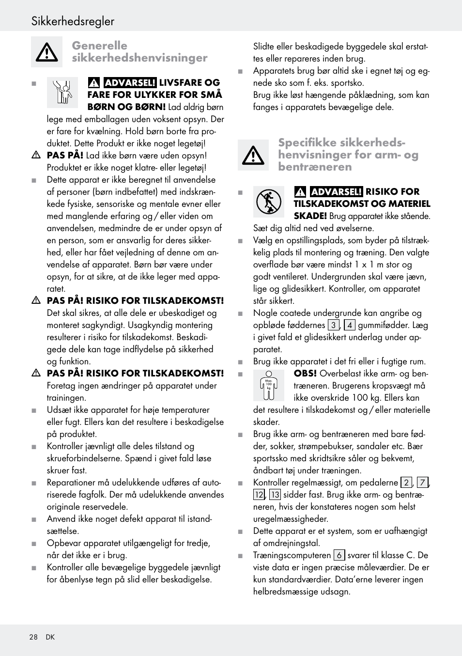 Generelle sikkerhedshenvisninger, Sikkerhedsregler | Crivit Z31434 User Manual | Page 28 / 48