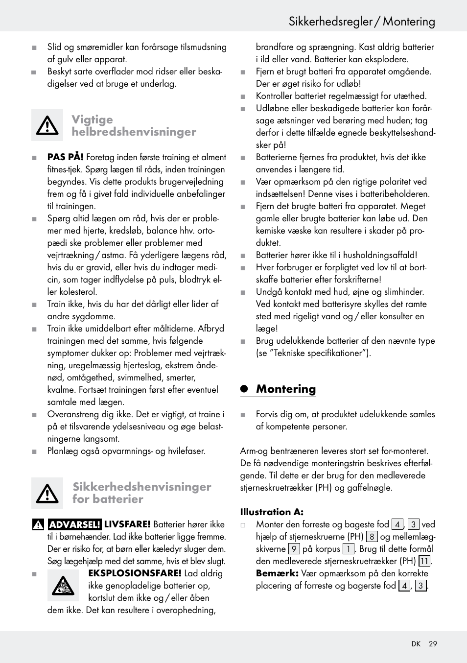 Vigtige helbredshenvisninger, Sikkerhedshenvisninger for batterier, Q montering | Montering, Side 29, Sikkerhedsregler / montering | Crivit Z31434 User Manual | Page 29 / 48