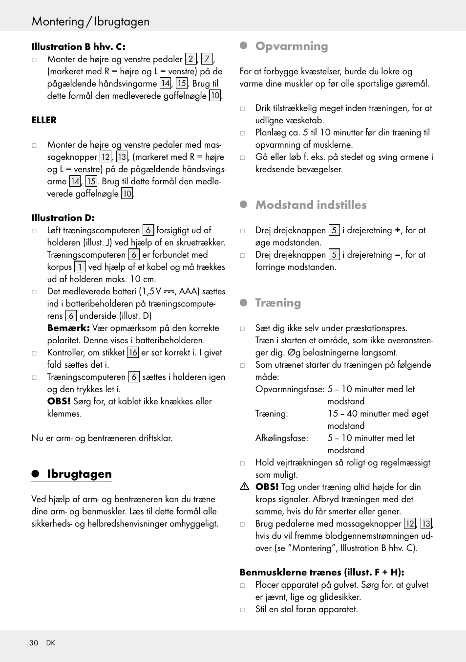 Q ibrugtagen, Q opvarmning, Q modstand indstilles | Q træning, Ibrugtagen, Montering / ibrugtagen, Opvarmning, Modstand indstilles, Træning | Crivit Z31434 User Manual | Page 30 / 48