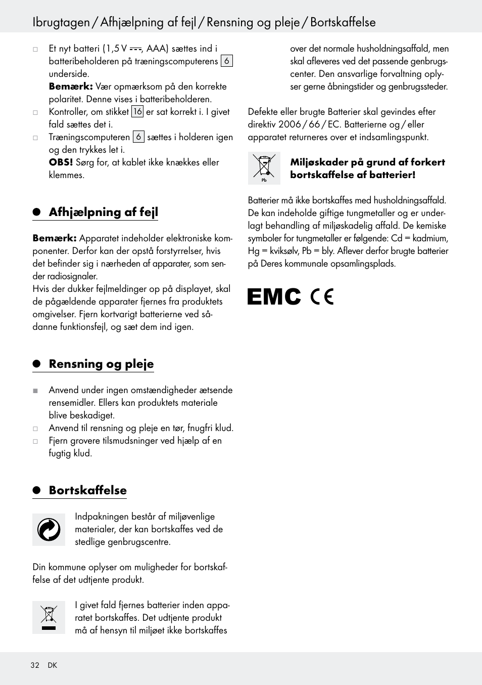 Q rensning og pleje, Q bortskaffelse, Rensning og pleje | Side 32, Bortskaffelse, Afhjælpning af fejl | Crivit Z31434 User Manual | Page 32 / 48