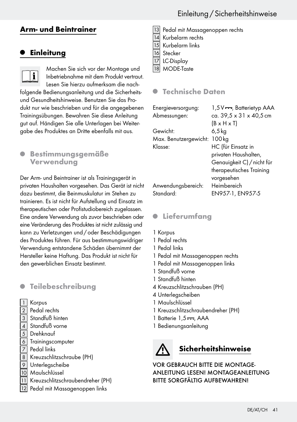 Q einleitung, Q bestimmungsgemäße verwendung, Q teilebeschreibung | Q technische daten, Q lieferumfang, Sicherheitshinweise, Einleitung, Seite 41, Einleitung / sicherheitshinweise, Arm- und beintrainer | Crivit Z31434 User Manual | Page 41 / 48