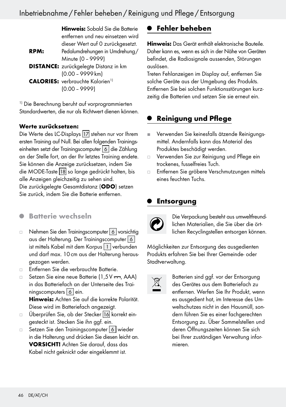 Q batterie wechseln, Q reinigung und pflege, Q entsorgung | Fehler beheben, Seite 46, Reinigung und pflege, Entsorgung, Batterie wechseln | Crivit Z31434 User Manual | Page 46 / 48