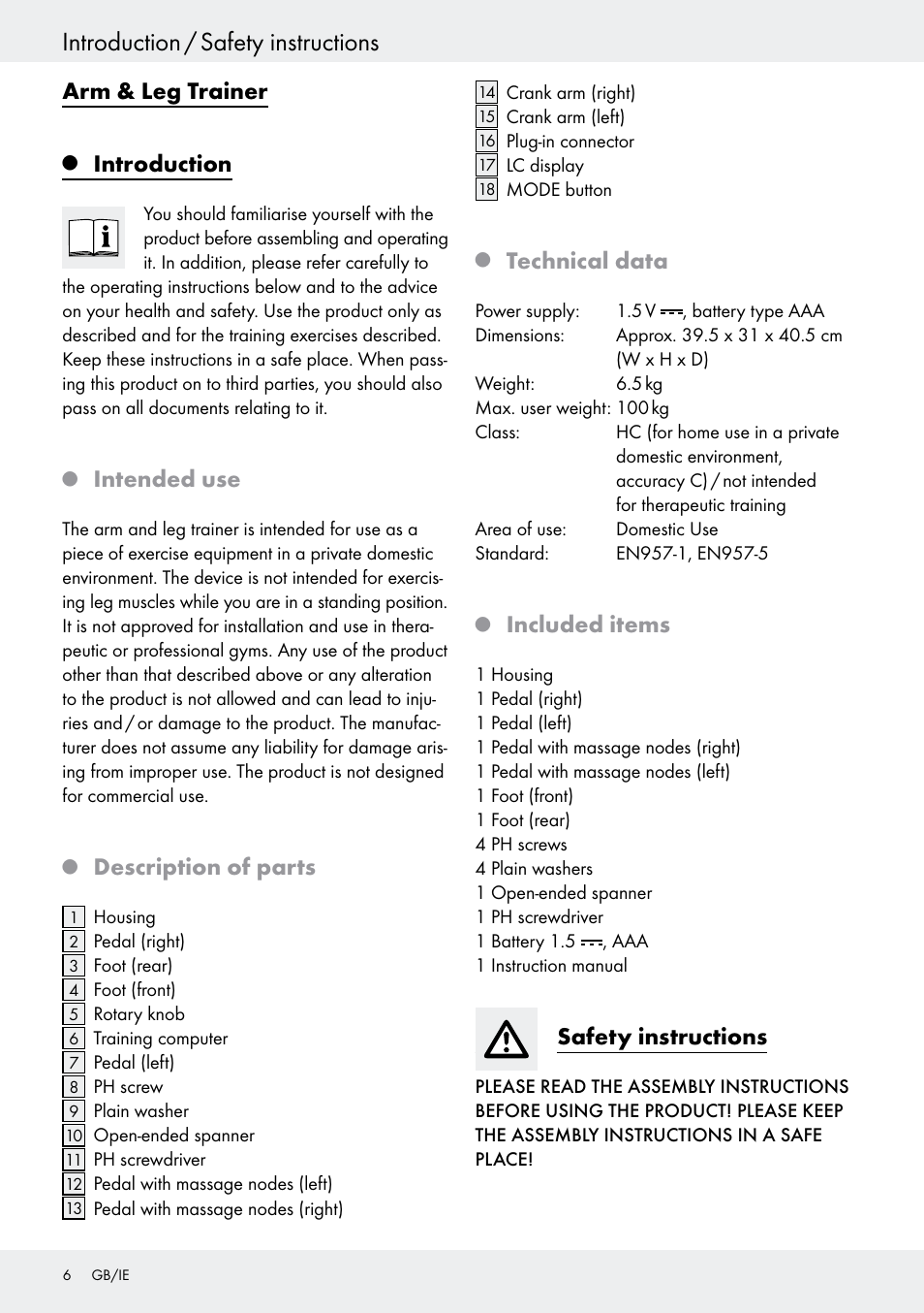 Q introduction, Q intended use, Q description of parts | Q technical data, Q included items, Safety instructions, Introduction, Introduction / safety instructions, Arm & leg trainer, Intended use | Crivit Z31434 User Manual | Page 6 / 48