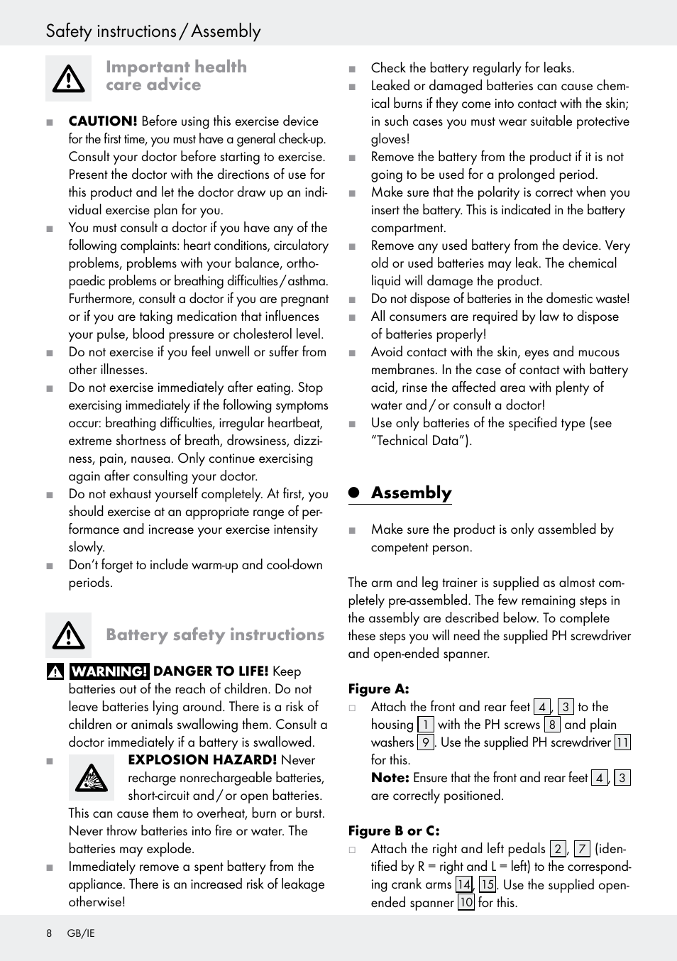 Important health care advice, Battery safety instructions, Q assembly | Assembly, Safety instructions / assembly | Crivit Z31434 User Manual | Page 8 / 48