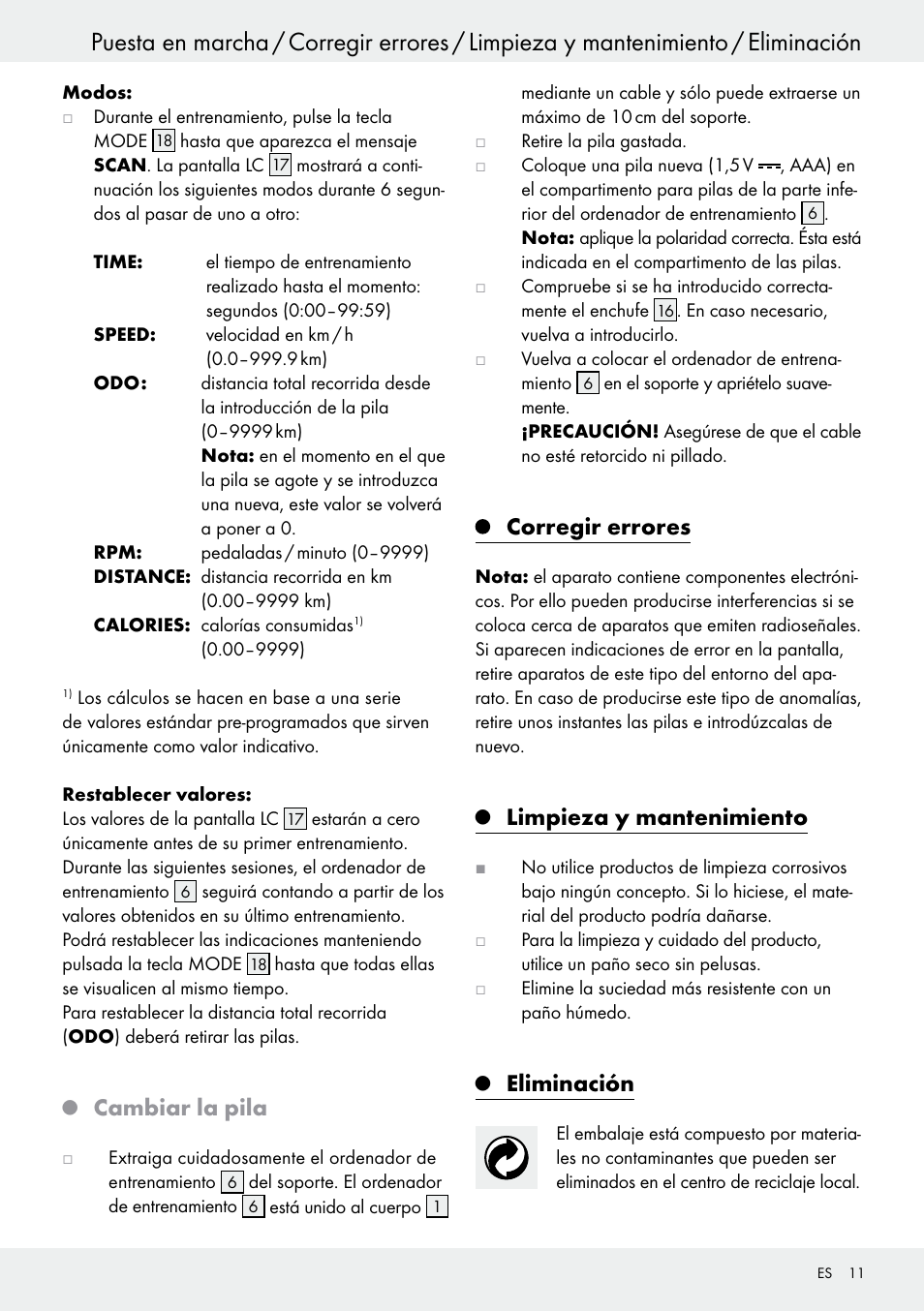 Q cambiar la pila, Corregir errores, Q limpieza y mantenimiento | Q eliminación, Limpieza y mantenimiento, Eliminación, Cambiar la pila | Crivit Z31434 User Manual | Page 11 / 43