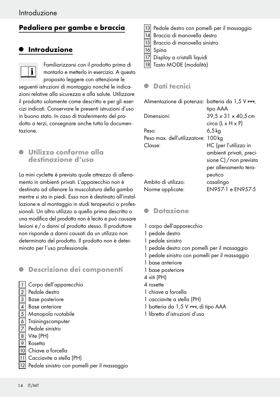 Q introduzione, Q utilizzo conforme alla destinazione d‘uso, Q descrizione dei componenti | Q dati tecnici, Q dotazione, Introduzione, Pedaliera per gambe e braccia, Utilizzo conforme alla destinazione d‘uso, Descrizione dei componenti, Dati tecnici | Crivit Z31434 User Manual | Page 14 / 43
