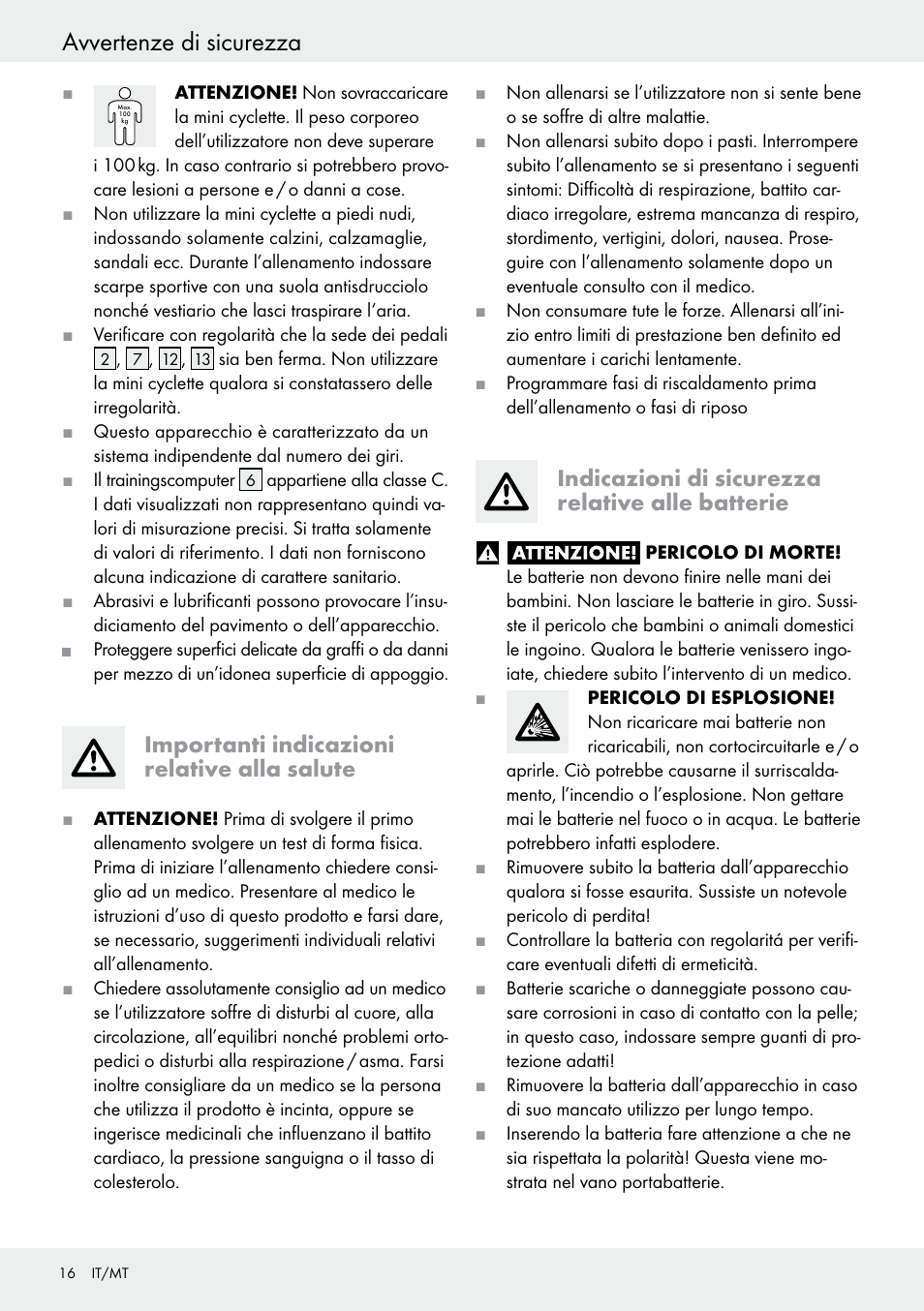 Importanti indicazioni relative alla salute, Indicazioni di sicurezza relative alle batterie, Avvertenze di sicurezza | Crivit Z31434 User Manual | Page 16 / 43