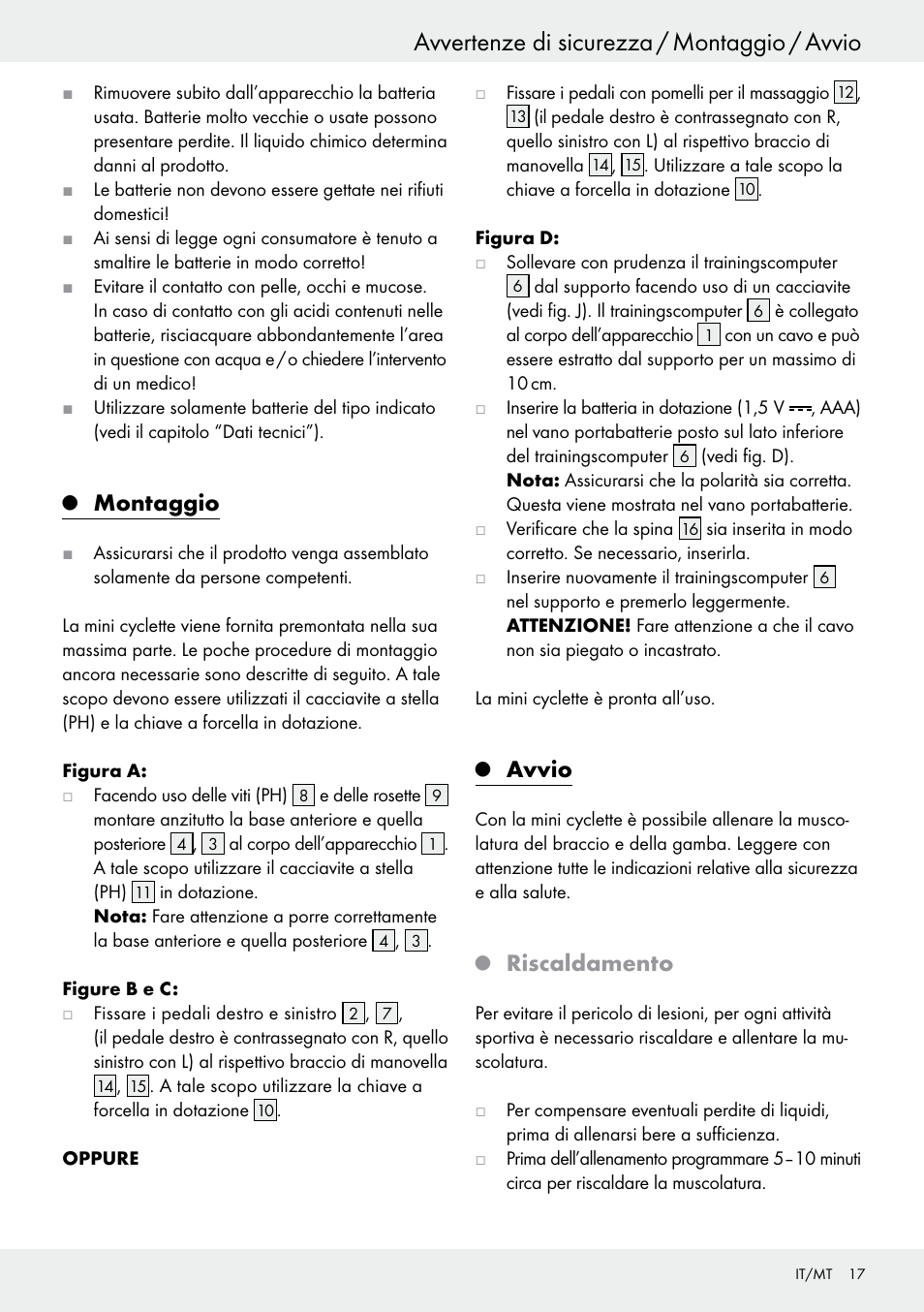 Q montaggio, Q avvio, Q riscaldamento | Montaggio, Avvio, Avvertenze di sicurezza / montaggio / avvio, Riscaldamento | Crivit Z31434 User Manual | Page 17 / 43