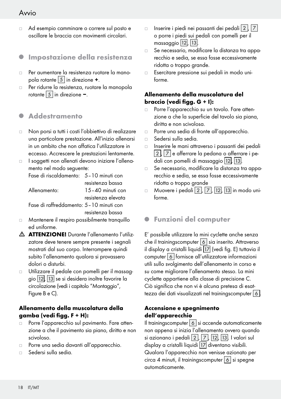 Q impostazione della resistenza, Q addestramento, Q funzioni del computer | Avvio, Impostazione della resistenza, Addestramento, Funzioni del computer | Crivit Z31434 User Manual | Page 18 / 43